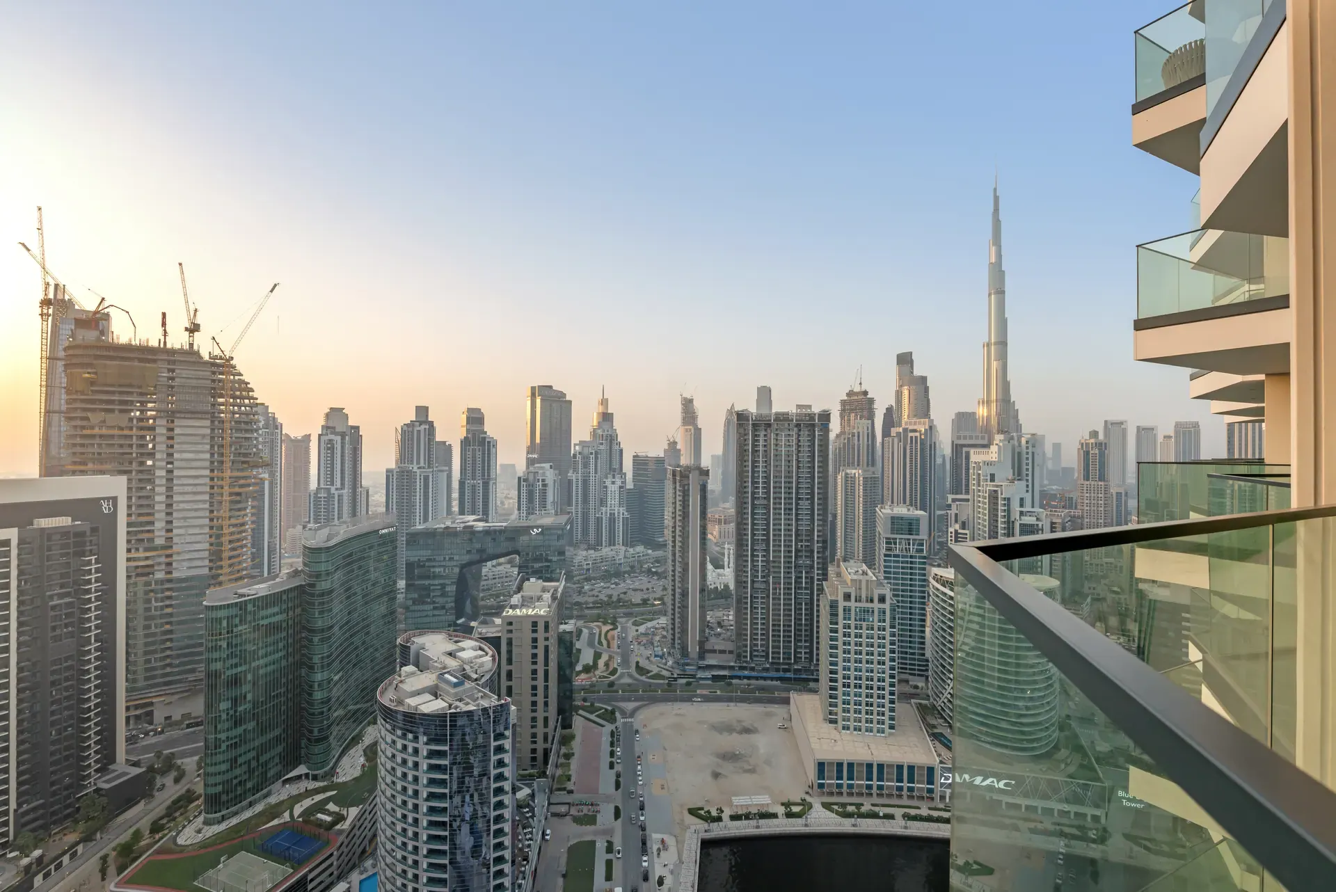 The Downtown Dubai skyline with the Burj Khalifa, seen from the apartment balcony